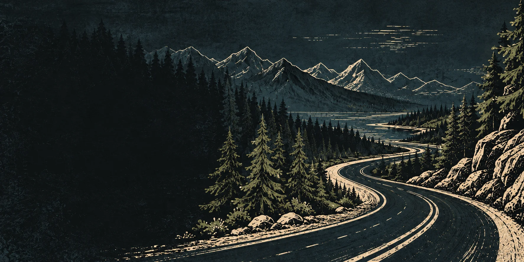 A winding mountain road through the pines at dusk